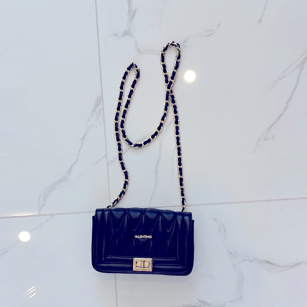 Valentino Black Quilted Crossbody Bag with Gold Chain